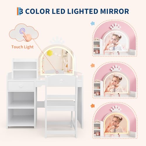 Kids Vanity Set with Lighted Mirror, Storage Cabinet, and Chair for Girls