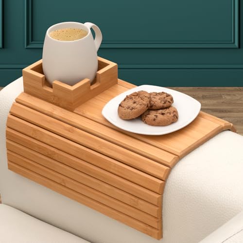Bamboo Sofa Armrest Tray with Cup Holder for Couch and Recliner