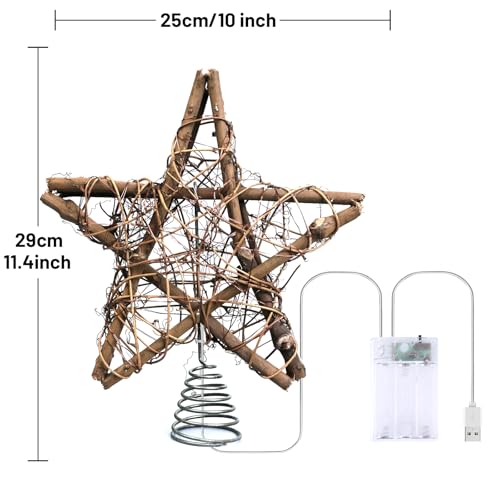 10 Inch Rattan Christmas Tree Topper Star with 50 Warm White LED Lights