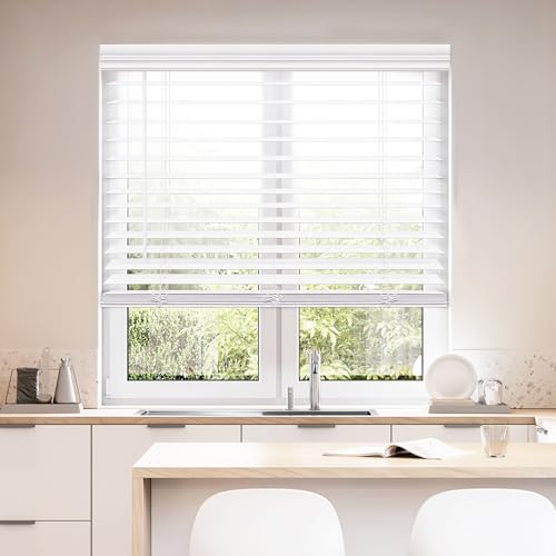 Cordless 2-Inch Faux Wood Horizontal Window Blind, White (35" W x 60" H)