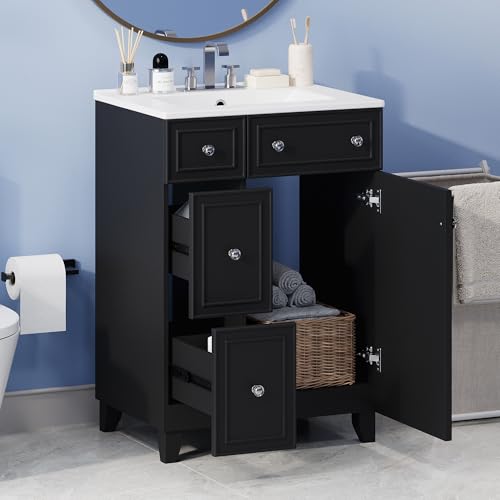 24-Inch Modern Bathroom Vanity Set with Ceramic Sink, 2 Drawers, 1 Door