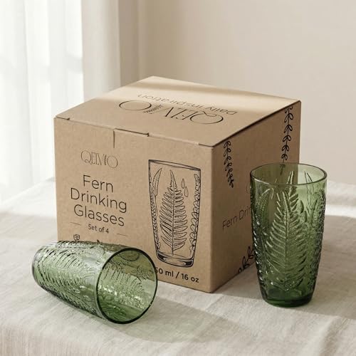 Green Glass Drinking Set of 4 16 oz Vintage Fern Glassware - Dishwasher Safe