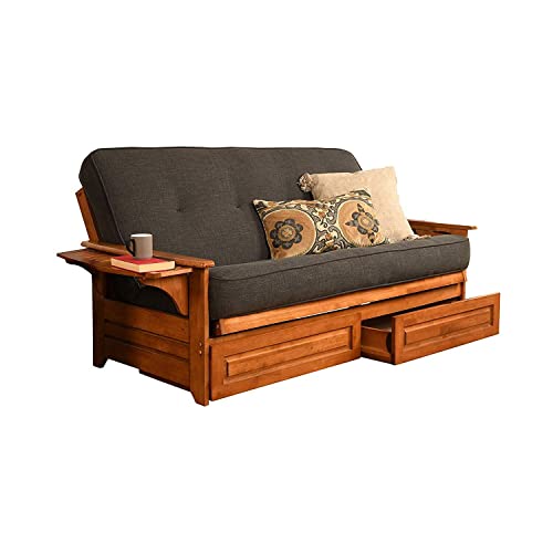 Full Size Futon Sofa Bed with Storage Drawers and Charcoal Linen Mattress