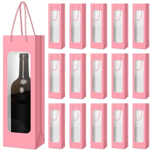 Pink Wine Gift Bags with Handles & Window, 24 Pack - Elegant & Durable