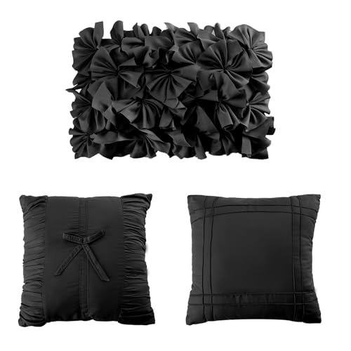 7-Piece Queen Black Ruched Comforter Set with Handmade Bow Ties