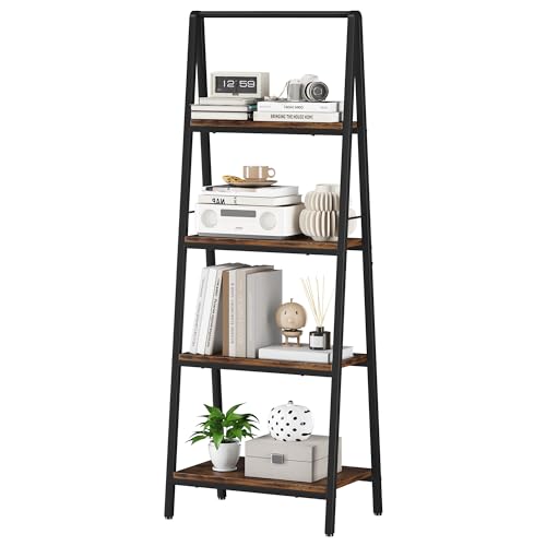 4-Tier Leaning Ladder Bookshelf, Industrial Wood Storage Rack for Home Office