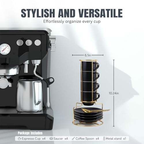 Lareina 3 oz Black Espresso Cups Set of 4 with Saucer, Spoons & Metal Rack