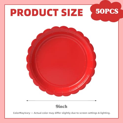 Vyntra Red 9 Inch Scalloped Paper Dinner Plates - Pack of 50, Solid Red, Disposable Tableware for Parties & Holidays