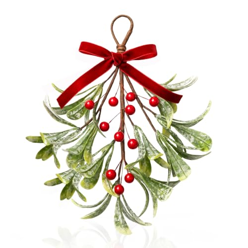 Mistletoe Hanging Decoration with Velvet Bow & Red Berries - 1Pcs, Worthyeah (Classic)