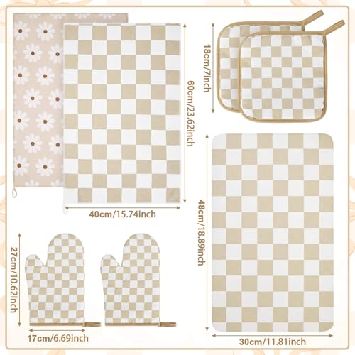 7-Piece Kitchen Decor Set, Beige Checkerboard Oven Mitts and Towels
