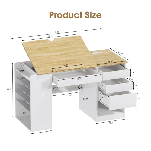 Adjustable Drafting Table with Storage Shelves & Built-In Charging Station