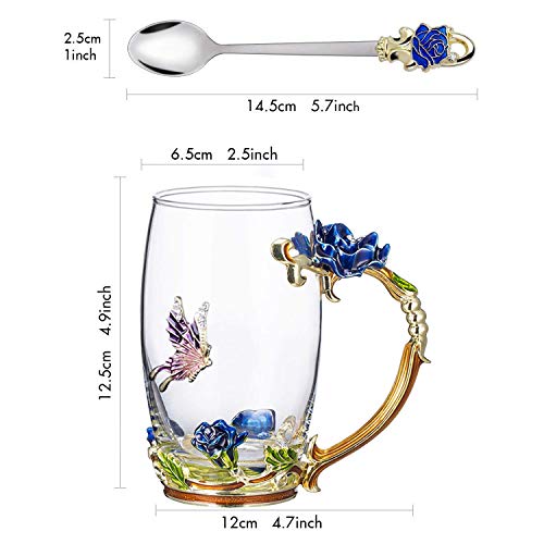 Rose Blue Tea Mug with Spoon & Flower Decoration - 12 OZ Gift for Mom Women