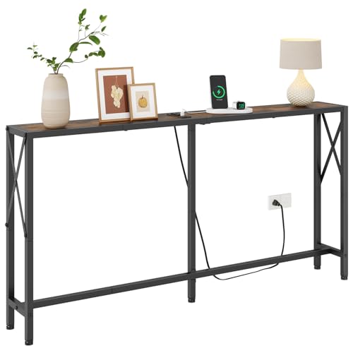 55-Inch Narrow Console Table with Charging Station and USB Ports, Brown