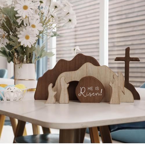 Wooden Easter Empty Tomb Scene Decor - He Is Risen Resurrection Figurine Set
