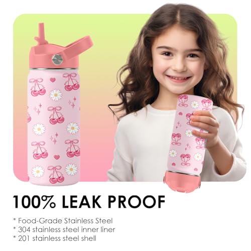 Insulated Stainless Steel Kids Water Bottle with Straw 16oz Cherry Design