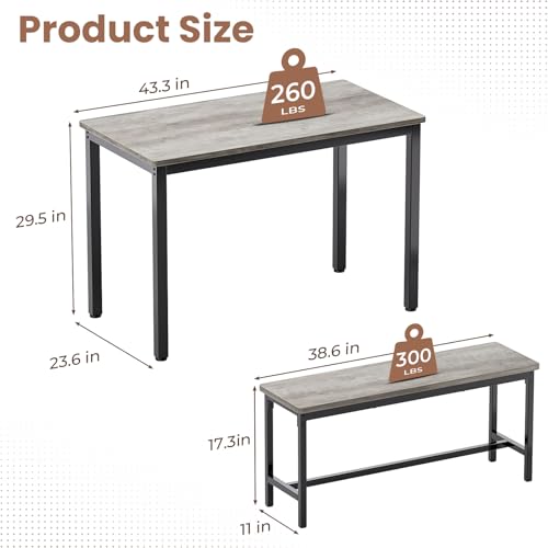 3-Piece Dining Table Set for 4 with 2 Storage Benches, Grey Industrial