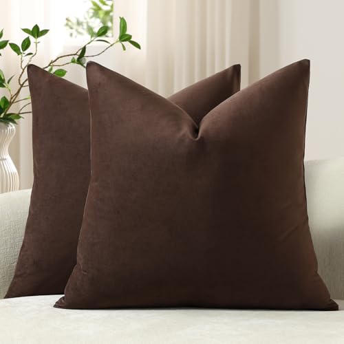 DEZENE Chocolate Brown Velvet Throw Pillow Covers 18x18 (Pack of 2)