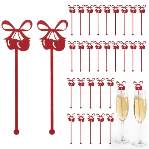 Hying Style 3 60Pcs Cherry Bow Cocktail Stirrers - Red Plastic Drink Picks