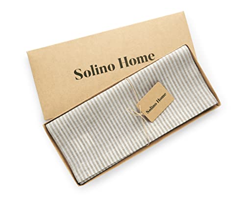 Solino Home Natural & White Linen Table Runner 14 x 48 inches - Handcrafted European Flax