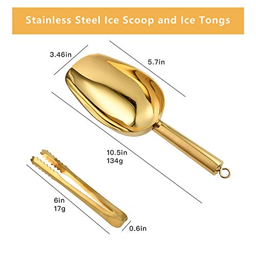 Akamino Gold Stainless Steel Ice Scoop & Tongs Set for Kitchen & Bar