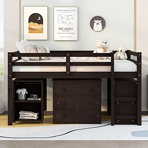 Full Size Wood Loft Bed with Rolling Desk, Bookshelf, and Storage Drawers