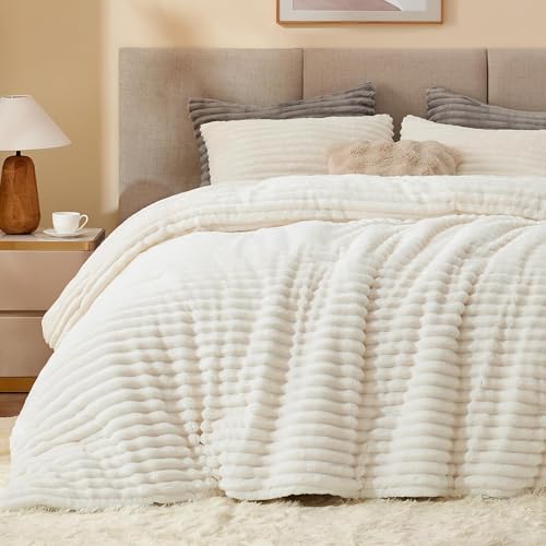 Plush Faux Fur Queen Comforter Set - Warm Fleece Bedding, Cream White