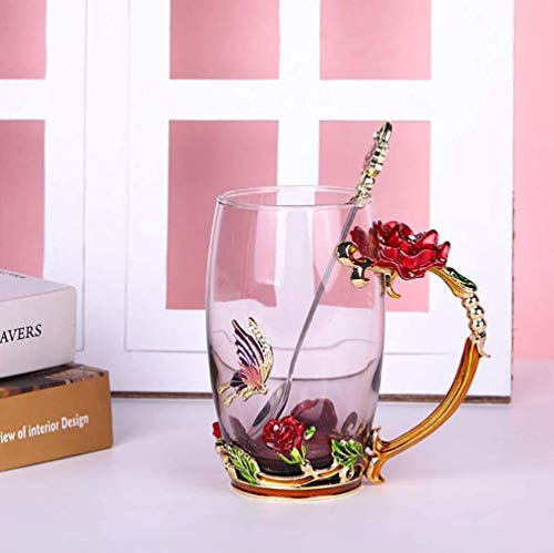 FDINF High Red Rose Glass Tea Mug with Butterfly & Spoon - Gift for Tea Lovers
