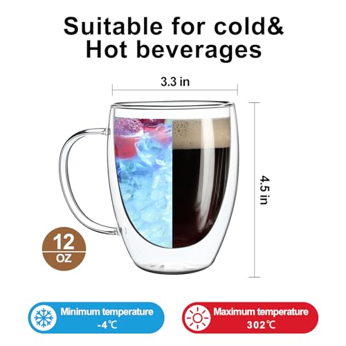 Aurzen 2 Pack 12oz Double Walled Glass Coffee Mugs with Handles, Insulated Borosilicate Drinkware, Microwave Safe