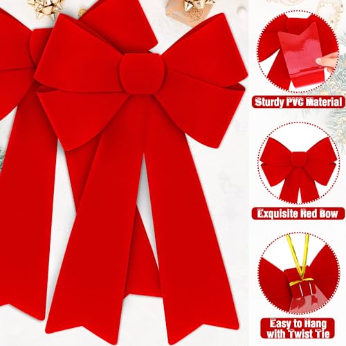 Heartome 12-Pack Red Velvet Xmas Bows, 12 x 18 in Outdoor/Indoor Glitter PVC for Doors, Fireplaces, Railings