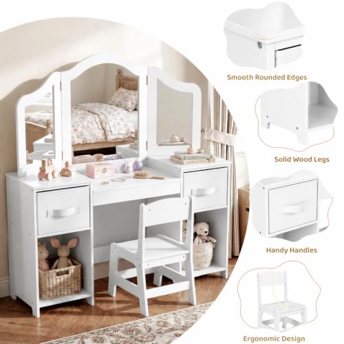 White Kids Vanity 2-in-1 Girls Makeup Dressing Table & Chair Set with Drawers