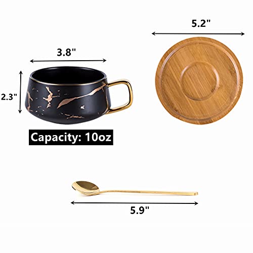 Ceramic Coffee Tea Mug Set with Stainless Steel Spoon & Bamboo Saucer, 10 oz - White & Black