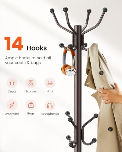 Freestanding Metal Coat Rack with 14 Hooks - Adjustable Entryway Coat Tree