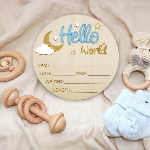 Wooden Baby Birth Announcement Sign with Pen - Moon and Cloud Design