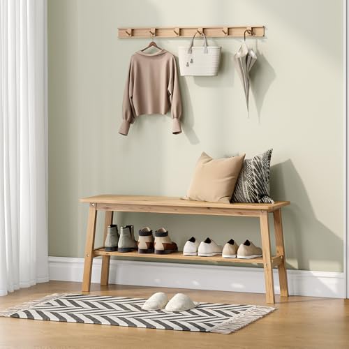 39-Inch Solid Wood Dining Bench with Shoe Rack Storage - Light Brown