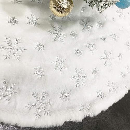 Silver 60 Inch Faux Fur Christmas Tree Skirt with Sequin Snowflakes - White Holiday Decor