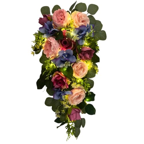 24-Inch Pre-Lit Floral Teardrop Swag with Peonies, Roses and LED Lights
