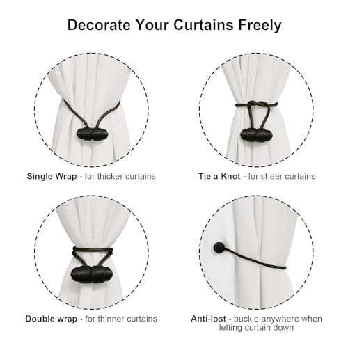 Magnetic Curtain Tiebacks - 4 Pack Black Boho Drapery Holdbacks