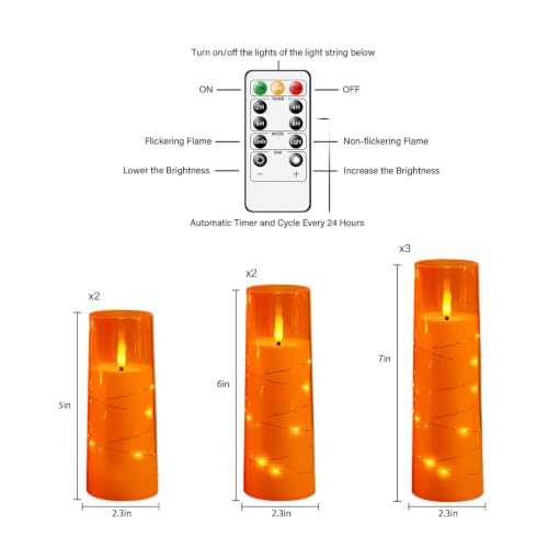 Sasigeiaa Orange 7-Star Flameless Candles Set with Remote - Battery LED Pillar Candles