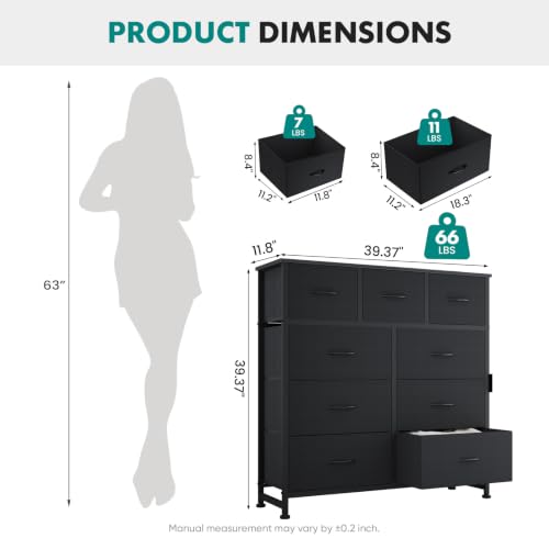 OLIXIS 9-Drawer Black Dresser for Bedroom, Closet Organizer Storage Tower 39.4"D x 11.8"W x 39.9"H