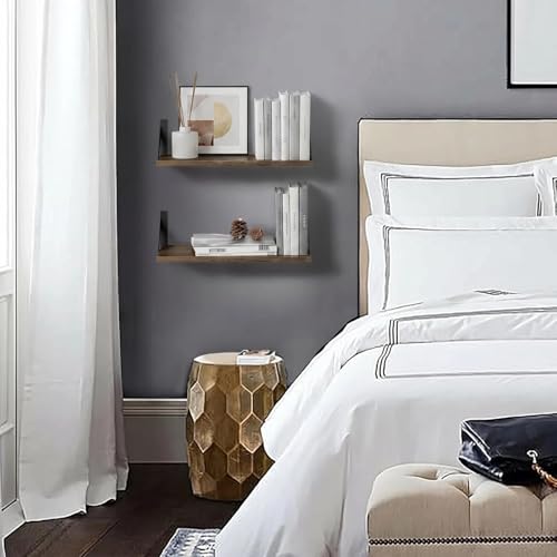 Rustic Floating Wall Shelves - 17 Inch Wood Bookshelf Set of 3