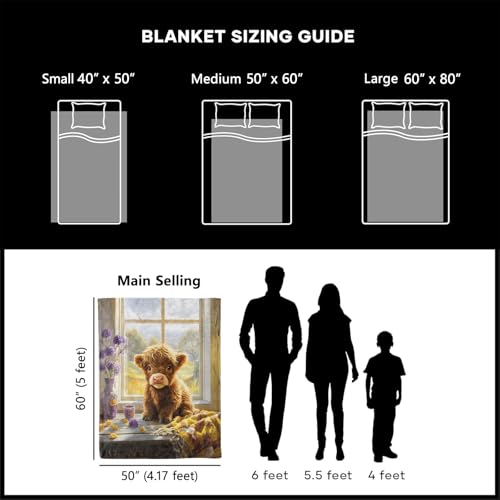 60x80 Highland Cow Blanket - Cozy Soft Flannel Throw for Couch & Bed, Gift for Women & Kids