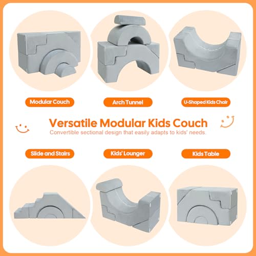 Modular Kids Foam Play Couch with Slide and Stairs - Grey Convertible Sofa