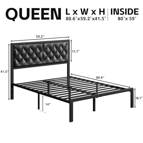 Queen Size Upholstered Platform Bed Frame with Headboard and Storage