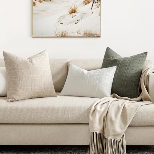 MIULEE Linen Plaid Throw Pillow Covers 20x20 - Set of 2 Neutral Cushion Covers