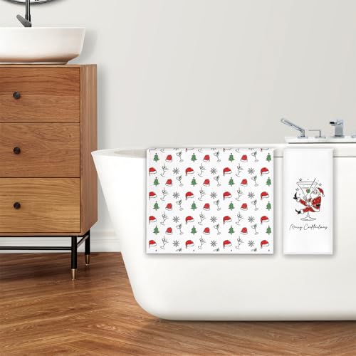 CosxHabitat Santa Cocktail Christmas Kitchen Dish Towels - Set of 2, 16x24 Inches
