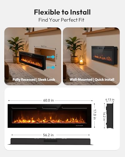 60 Inch Electric Fireplace Recessed Wall Mounted Heater with Remote