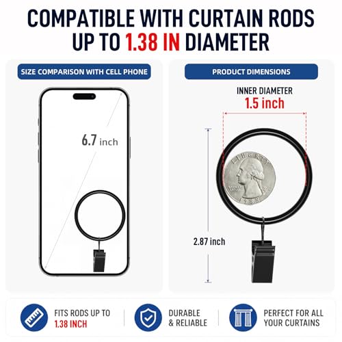 Heavy Duty Stainless Steel Curtain Rings with Clips - 1.5 Inch, 44 Pack
