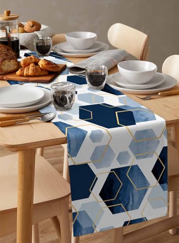 Onekaccu 13 x 48 Inch Navy Blue Geometric Table Runner - Washable Farmhouse Decor