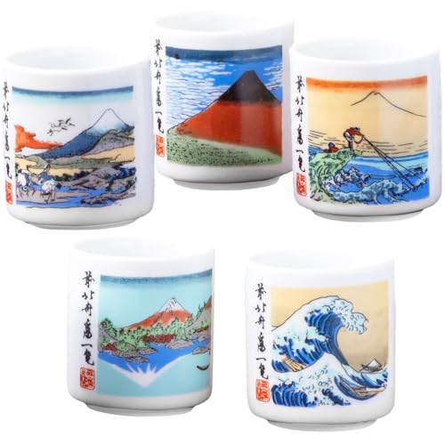 Mino Ceramic Sake Cups Set of 5 with Hokusai Mt. Fuji Art - Made in Japan