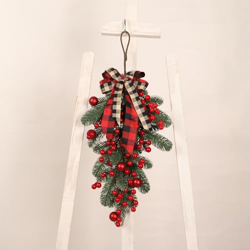 CITYES Xmas Artificial Teardrop Swag Wreath with Pine Cones & Red Berries, Outdoor Indoor Holiday Door Decor